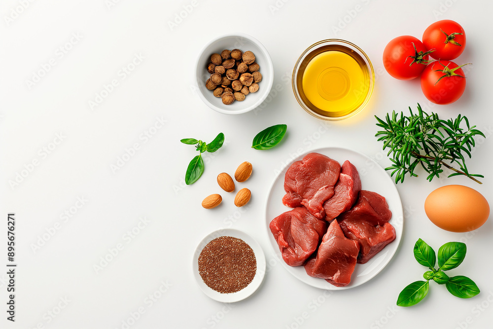paleo diet essentials in a minimalist style: bright foods arranged on a white table with plenty of text space, view from above paleo diet essentials in a minimalist style: bright foods arranged on a white table with plenty of text space, view from above
