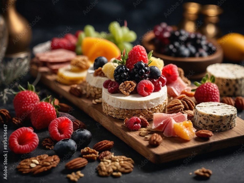 Dessert and Appetisers Charcuterie Board, Cinematic Food Photography Dessert and Appetisers Charcuterie Board, Cinematic Food Photography