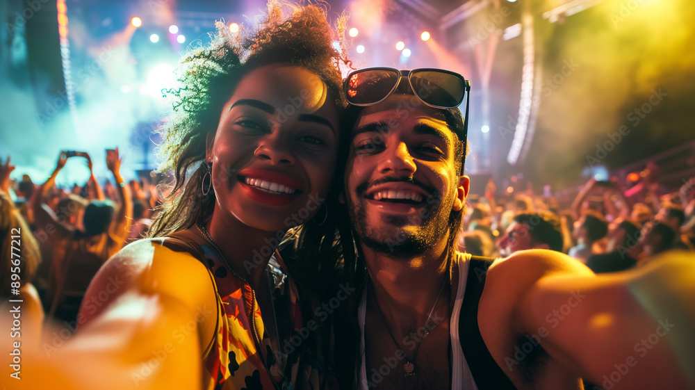 Joyful couple enjoying a vibrant music festival at night, capturing a moment of fun and connection. Joyful couple enjoying a vibrant music festival at night, capturing a moment of fun and connection.