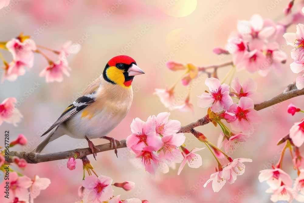 A charming image of a European goldfinch perched on a blooming cherry tree branch. A charming image of a European goldfinch perched on a blooming cherry tree branch.