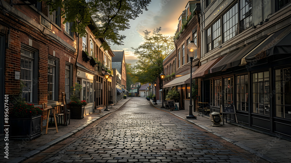 Fototapeta premium Historic City Street: A charming historic city street with cobblestone pavement, old buildings, and street lamps. The setting should evoke a sense of history and nostalgia.