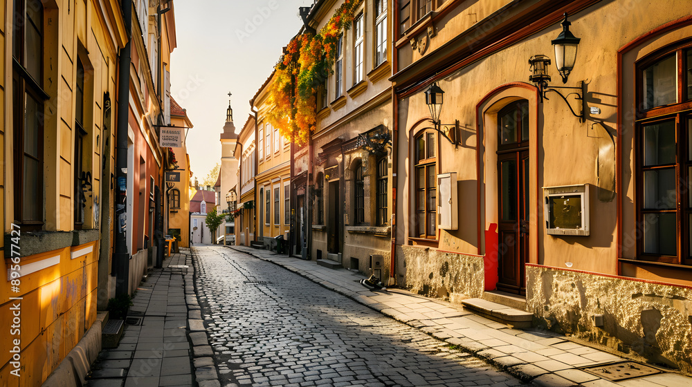 Fototapeta premium Historic City Street: A charming historic city street with cobblestone pavement, old buildings, and street lamps. The setting should evoke a sense of history and nostalgia.