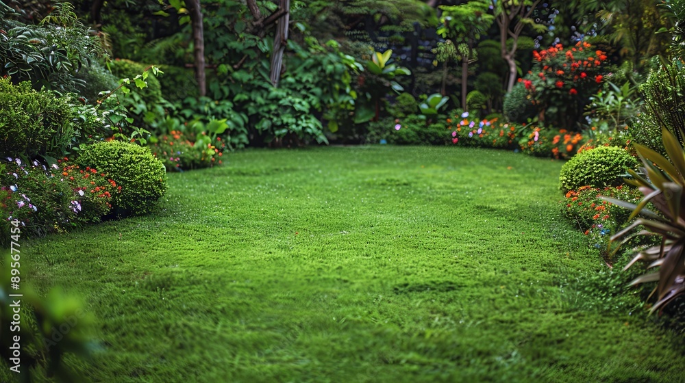 Obraz premium No one in the park's backyard design, featuring a flowerbed of plants near a lush green lawn with flowers and bushes, creating a picturesque scene with copy space image available
