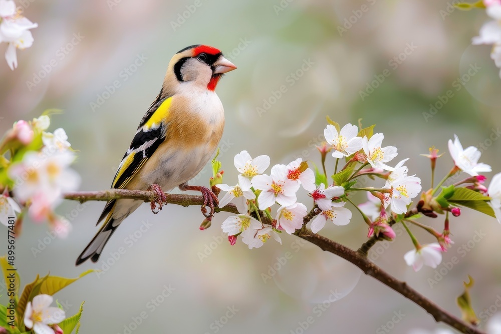 A charming image of a European goldfinch perched on a blooming cherry tree branch. A charming image of a European goldfinch perched on a blooming cherry tree branch.