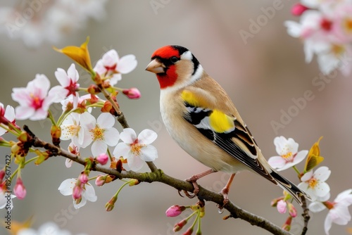 A charming image of a European goldfinch perched on a blooming cherry tree branch.