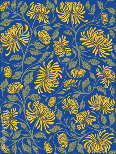 Hand drawn seamless pattern with beautiful chrysanthemums and leaves. Vector illustration, retro style. Can be used for embroidering flowers, wallpaper, etc.