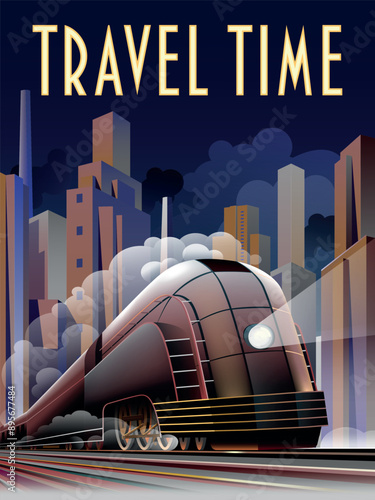 A retro steam locomotive in a smoke clouds moves quickly against the backdrop of industrial buildings and skyscrapers. Travel Time Art Deco Retro style poster. Handmade drawing vector illustration. 