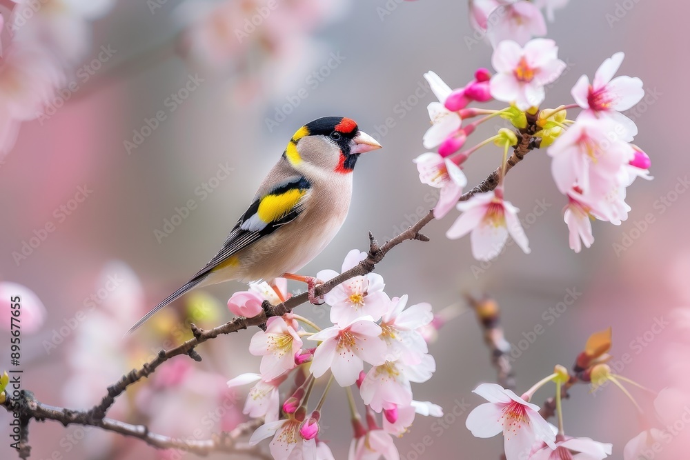 A charming image of a European goldfinch perched on a blooming cherry tree branch. A charming image of a European goldfinch perched on a blooming cherry tree branch.