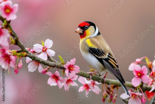 A charming image of a European goldfinch perched on a blooming cherry tree branch.