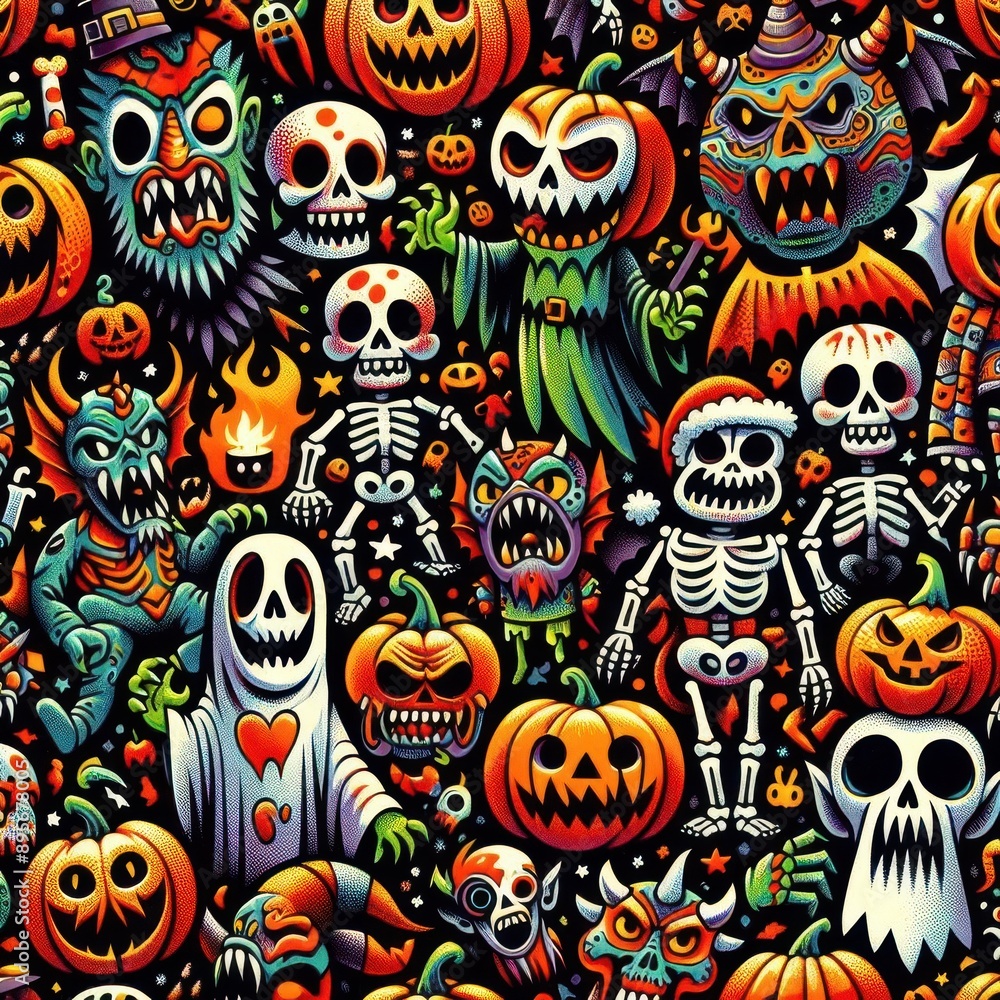 A busy, repeating pattern of spooky and silly Halloween creatures, characters, and objects on a black background..Concept: Spooky Halloween Pattern A busy, repeating pattern of spooky and silly Halloween creatures, characters, and objects on a black background..Concept: Spooky Halloween Pattern