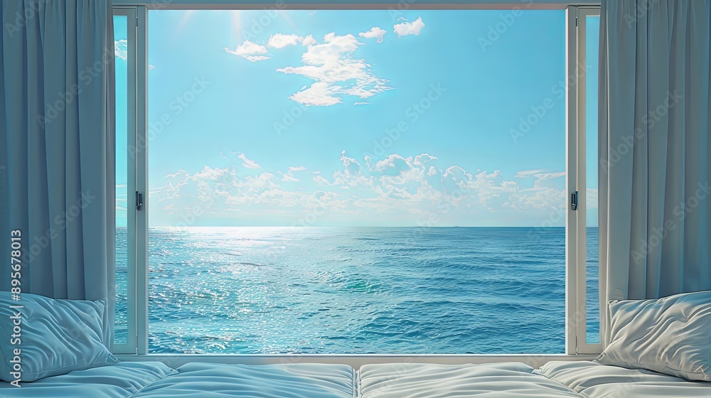 Fototapeta premium Open window view of the sea good weather summer. Creative banner. Copyspace image