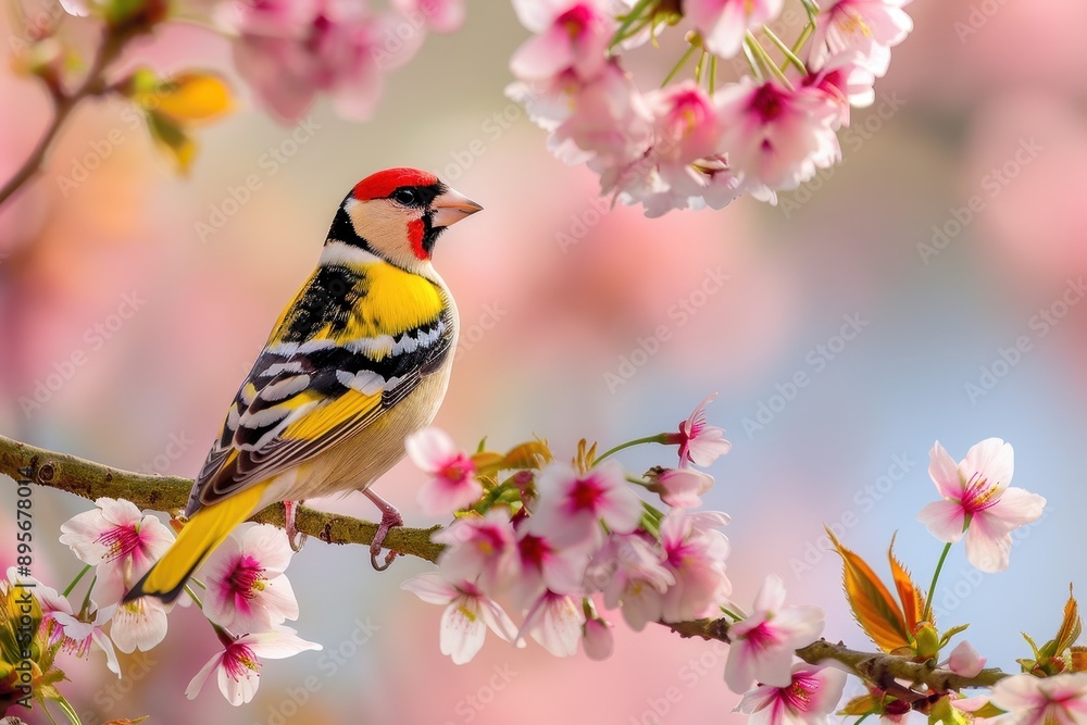 A charming image of a European goldfinch perched on a blooming cherry tree branch. A charming image of a European goldfinch perched on a blooming cherry tree branch.