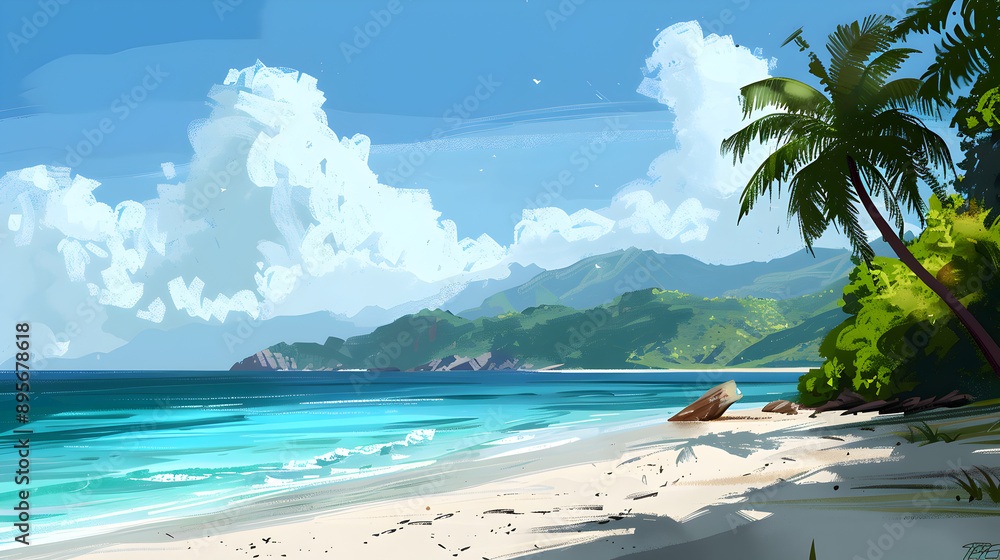 Naklejka premium Tropical Island Beach: A serene and idyllic tropical beach with white sand, turquoise water, and palm trees. The setting should evoke a sense of paradise and relaxation.