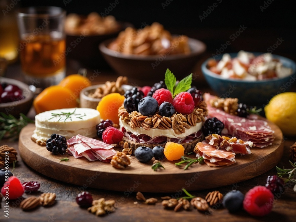 Dessert and Appetisers Charcuterie Board, Cinematic Food Photography Dessert and Appetisers Charcuterie Board, Cinematic Food Photography