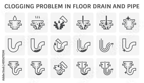 Clogged problem in trap pipe and floor drain vector icon set. Include tool and chemical to cleaning, repair, service or maintenance. Sewage drainage in kitchen, bathroom, toilet and shower room.