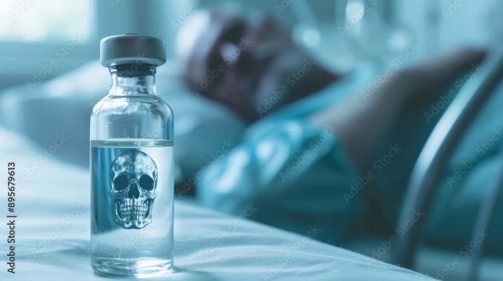 close up of vial with skull logo on it with background of man lying on bed close up of vial with skull logo on it with background of man lying on bed
