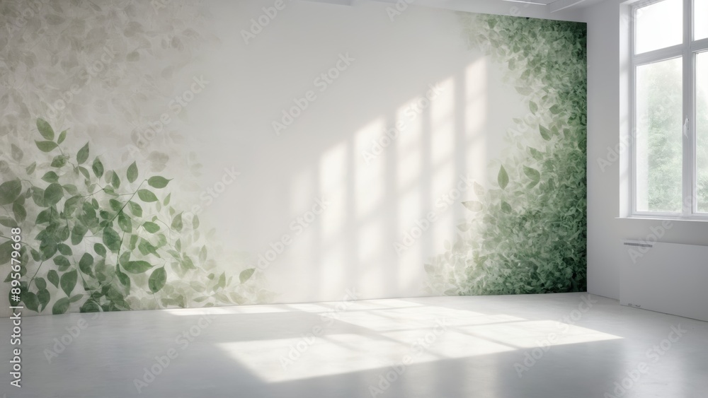 Fototapeta premium Green leaves on wall in misty room with wooden floor and blank walls