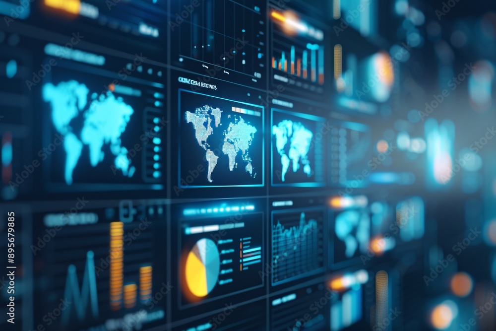 High-tech digital background with a detailed analytics dashboard, representing brand awareness High-tech digital background with a detailed analytics dashboard, representing brand awareness