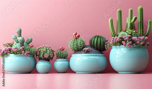 Cactus Collection in Blue Pots on Pink Background