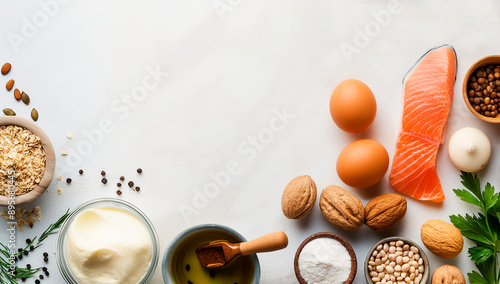 ketogenic diet essentials: a light and minimalistic layout featuring key foods with a spacious area for your own content photo