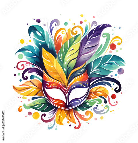 Mardi Gras carnival symbols, watercolor clipart illustration with isolated background.