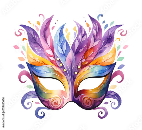 Mardi Gras carnival symbols, watercolor clipart illustration with isolated background.