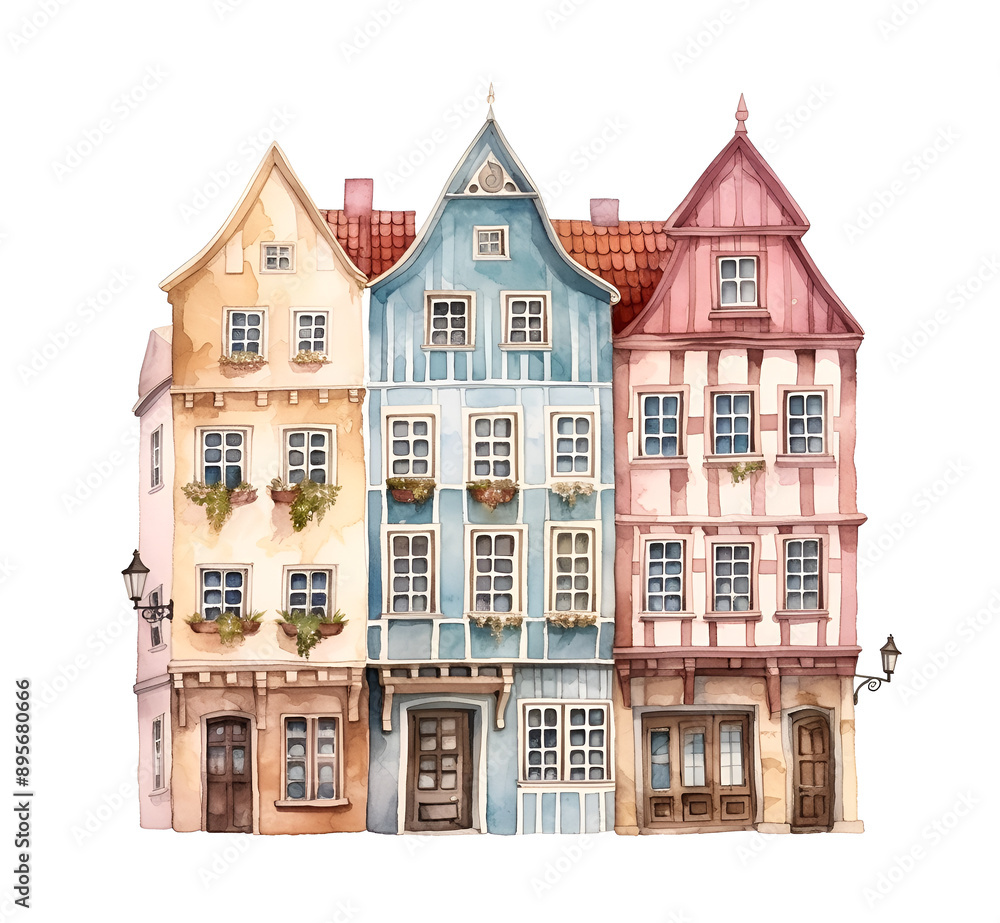 Fototapeta premium Old European city town street house, timber fachwerk facades, watercolor clipart illustration with isolated background.