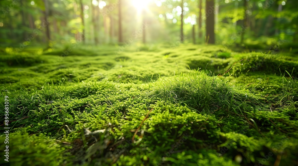 Sunlit forest floor covered in lush green moss, creating a serene and peaceful natural scene perfect for concepts of tranquility, nature conservation, and outdoor relaxation. Sunlit forest floor covered in lush green moss, creating a serene and peaceful natural scene perfect for concepts of tranquility, nature conservation, and outdoor relaxation.