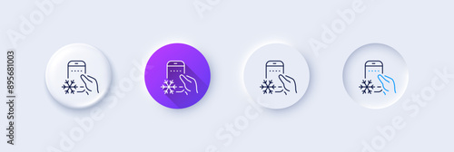 Refrigerator app line icon. Neumorphic, Purple gradient, 3d pin buttons. Fridge mobile application sign. Remote control symbol. Line icons. Neumorphic buttons with outline signs. Vector