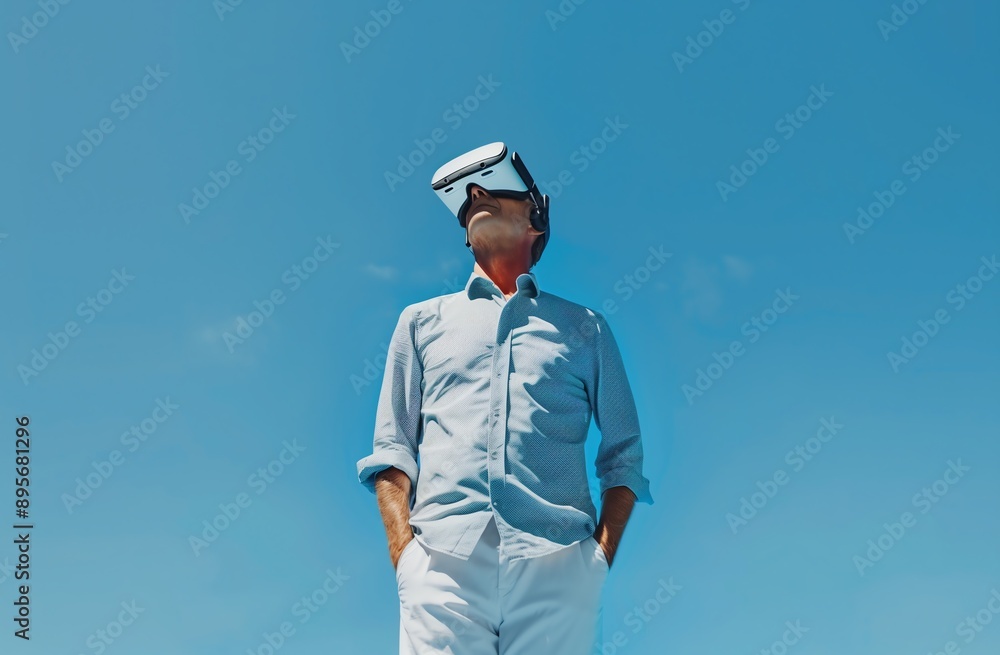 Businessman Wearing VR Headset with Copyspace in Futuristic Setting Businessman Wearing VR Headset with Copyspace in Futuristic Setting