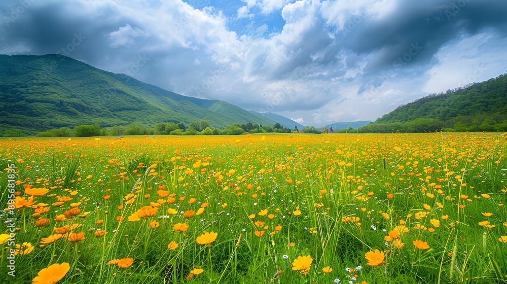 yellow cosmos flower field with green mountain as background yellow cosmos flower field with green mountain as background