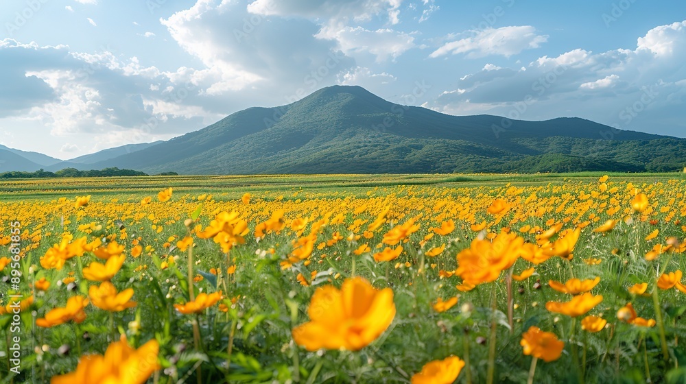 yellow cosmos flower field with green mountain as background yellow cosmos flower field with green mountain as background