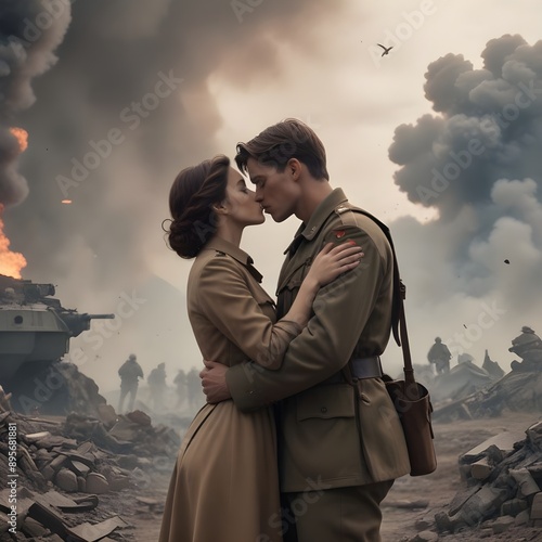 A couple dressed in a khaki uniform kissing amidst a war-torn backdrop, The background is filled with missiles, smoke, soldiers, fire, and debris, captured in a cinematic style