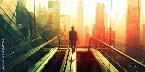 Ascent of Finance: An escalator leading upward, with a silhouette of a city skyline in the background.
