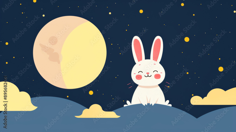 Naklejka premium White rabbit sitting under a full moon with clouds and stars in a dark sky.