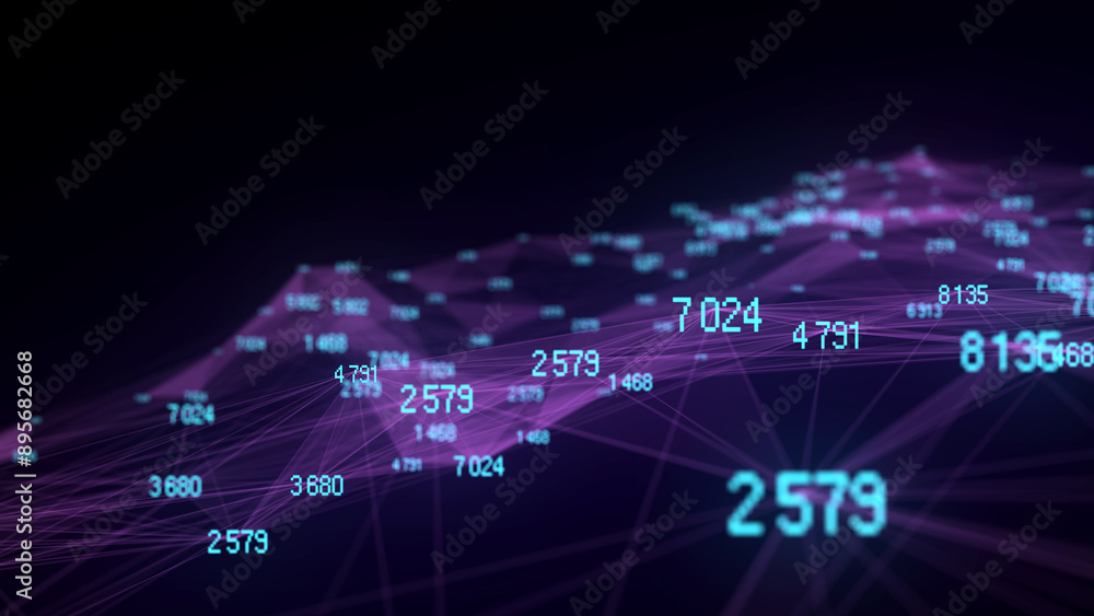 Abstract wave of dots and lines. Digital stream binary code, blue matrix. Blockchain concept and data transfer system. Programming, coding, hacking. Network connection. 3d rendering. Abstract wave of dots and lines. Digital stream binary code, blue matrix. Blockchain concept and data transfer system. Programming, coding, hacking. Network connection. 3d rendering.