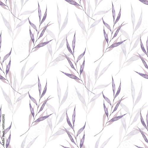 Watercolor seamless pattern with purple twigs and leaves. Botanical pattern of lilac, violet, lilac color, plant on a white background. Packaging, design and decoration, wallpaper, background.