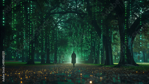 a cybersecurity hacker is working in a park where the trees are codes, binaries everywhere around the guy, green codes and dark vibe.generative ai