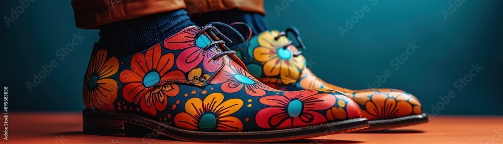 Designer updating traditional shoes with colorful patterns, merging classic craftsmanship with modern flair, update adornment, footwear enhancement. Designer updating traditional shoes with colorful patterns, merging classic craftsmanship with modern flair, update adornment, footwear enhancement.