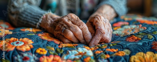 Expert mending a torn quilt with careful stitching, renewal restore handicrafts, textile art conservation. photo