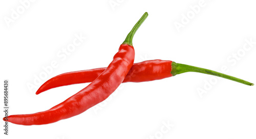 Group of two ripe red hot chili peppers Thai, isolated on a transparent background. Full depth of field. photo