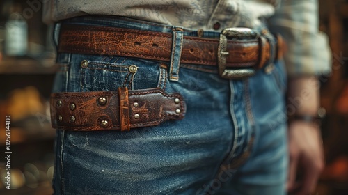 Artisan adding metal studs to a leather belt, blending ruggedness with style, update adornment, accessory enhancement.