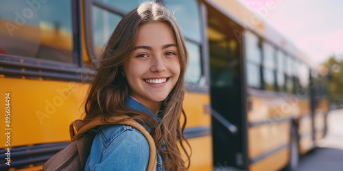A girl with a backpack is smiling in front of a yellow school bus. Concept of excitement and anticipation for the day ahead, as the girl is ready to embark on her journey to school