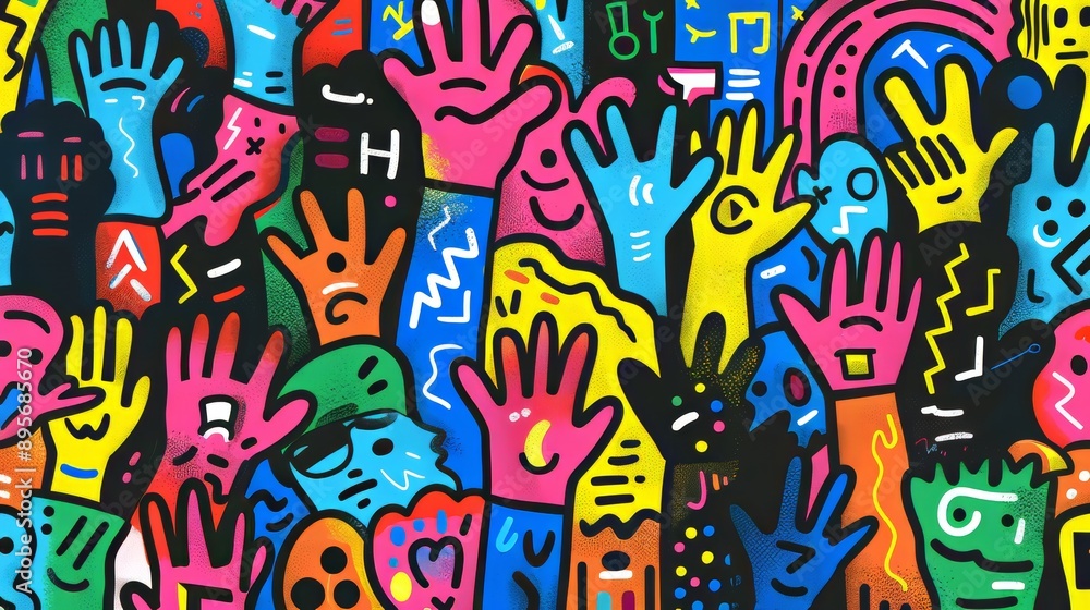 Abstract Colorful Hands in Vibrant Art Style Representing Unity. Abstract Colorful Hands in Vibrant Art Style Representing Unity.