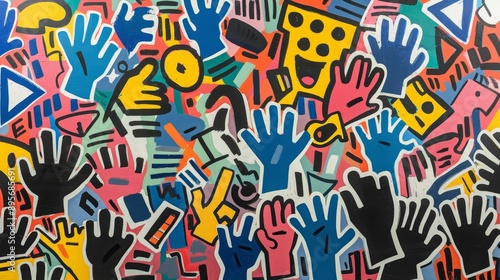 Vibrant Abstract Artwork Featuring Colorful Hands and Shapes.