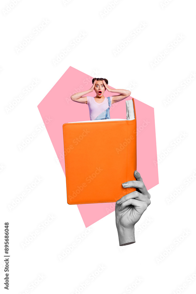Composite trend artwork sketch image photo collage of hand hold huge book open miniature young lady student shocked staring omg knowledge Composite trend artwork sketch image photo collage of hand hold huge book open miniature young lady student shocked staring omg knowledge