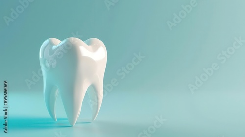 futuristic 3d rendering of gleaming white tooth floating in soft blue gradient background emphasizing dental health