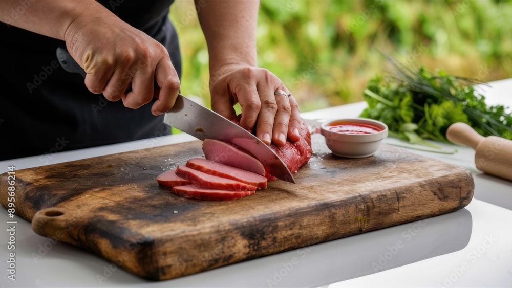 A person cutting up a piece of meat on top of a wooden board, AI