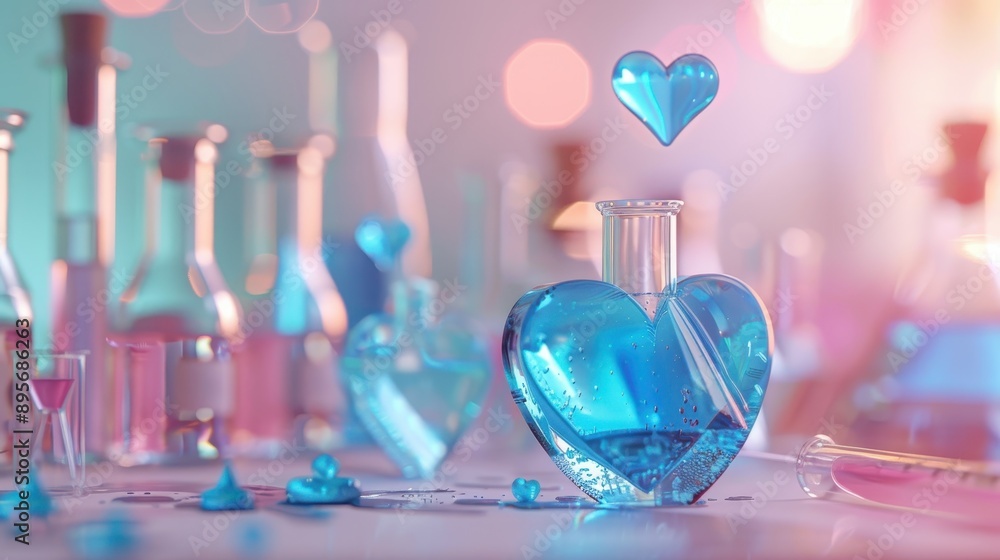 Heart-shaped flask with a blue liquid, surrounded by various laboratory glassware like beakers and test tubes, with a soft-focus background featuring bokeh lights in pink and blue hues Heart-shaped flask with a blue liquid, surrounded by various laboratory glassware like beakers and test tubes, with a soft-focus background featuring bokeh lights in pink and blue hues