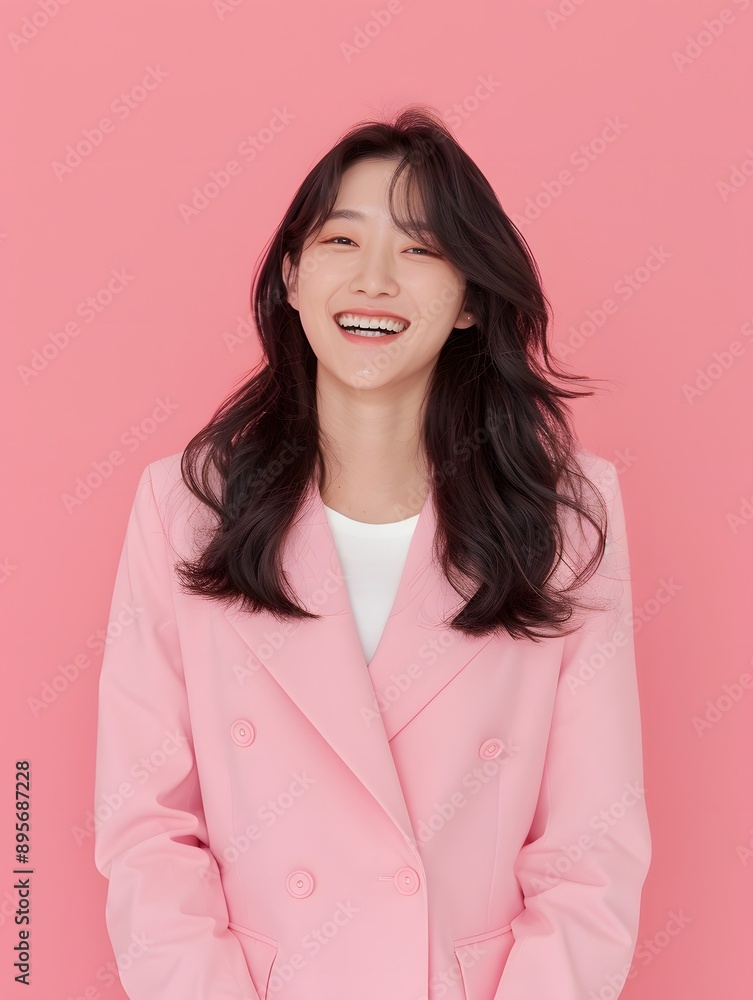 Beautiful Korean woman smiling with pink suit, Generative AI Beautiful Korean woman smiling with pink suit, Generative AI